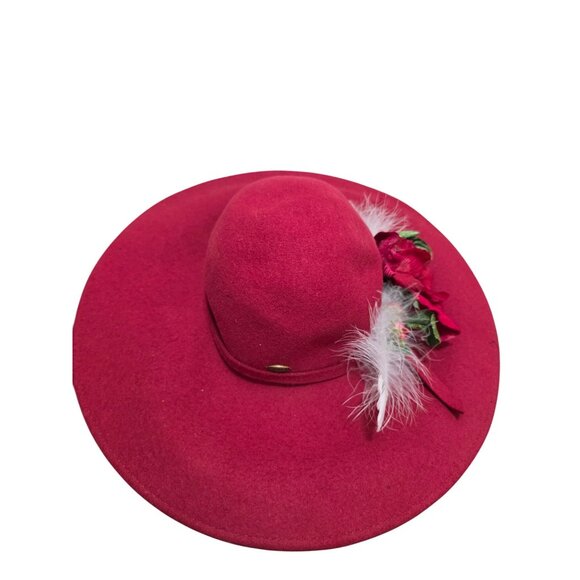 Scala Red 100% Wool Wide Brim Hat With Floral & Feather Accent Size L - Picture 1 of 8